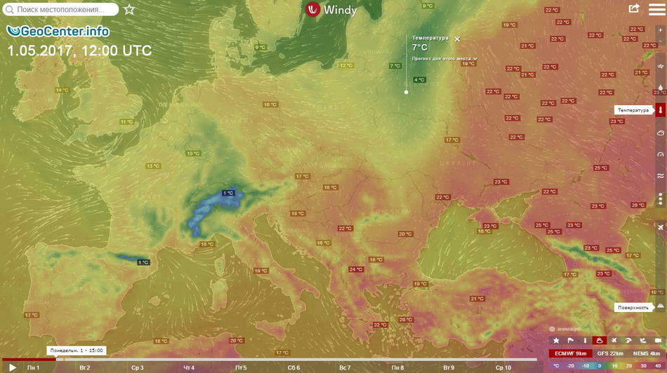 Температурная карта Европы май 2017