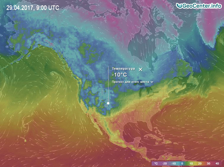 Температурная карта Северной Америки апрель 2017