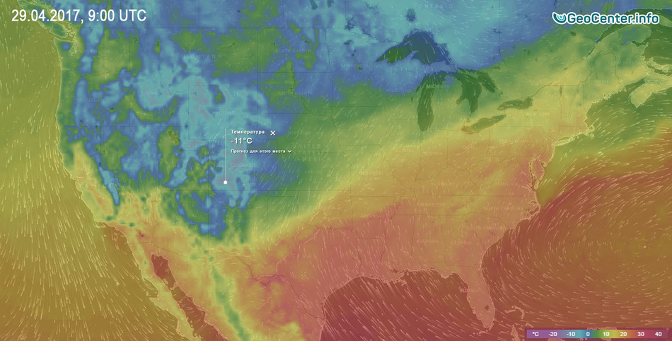 Температурная карта США апрель 2017