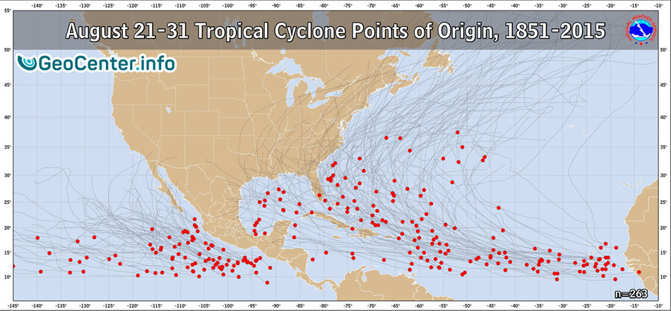 Траектории перемещения эпицентра ураганов