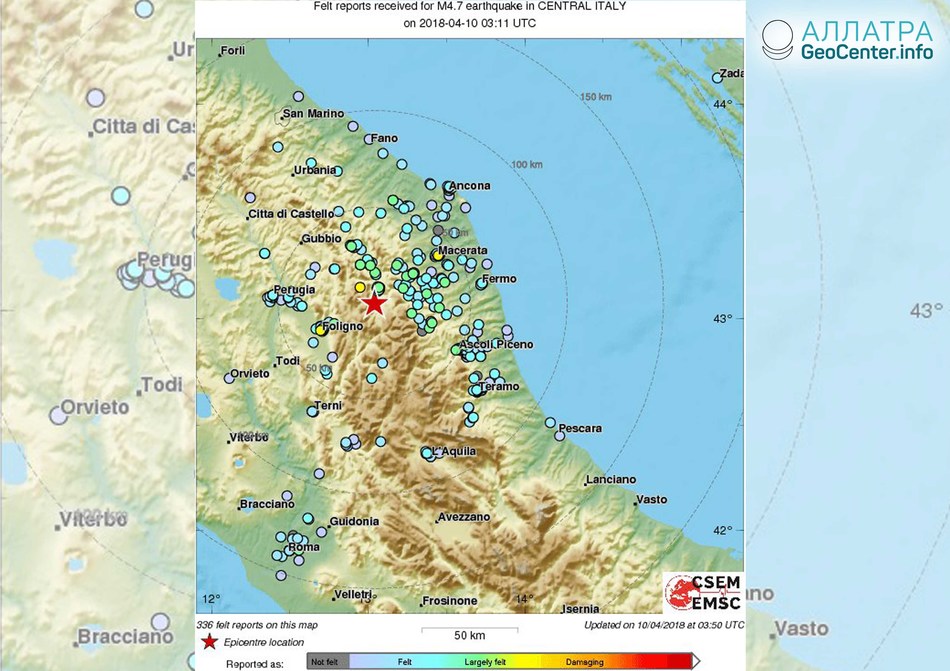 Землетрясение в Италии, 10-11 апреля 2018 года