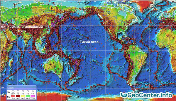 Карта землетрясений и извержений на нашей планете