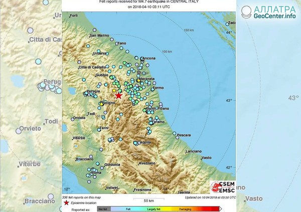 Землетрясение в Италии, 10-11 апреля 2018 года