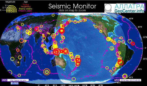 Обзор землетрясений за 25 марта 2018 года магнитудой свыше 5,0
